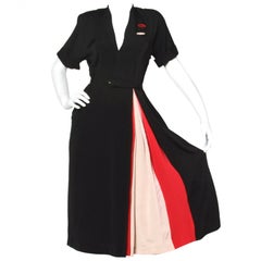 Vintage 1940s 40s Asymmetric Black Red Pink Color Block Dress + Belt