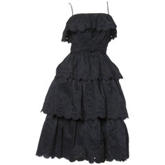 Vintage 1960s 60s Tiered Cut Out Eyelet Taffeta Black Lace Party Dress