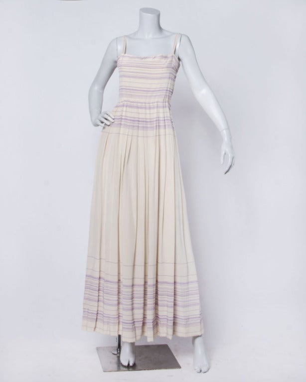 Gray Bill Blass Vintage 1970s 70s Creamy Silk Pleated Purple Striped Maxi Dress Gown