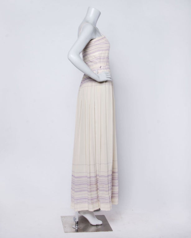 Bill Blass Vintage 1970s 70s Creamy Silk Pleated Purple Striped Maxi Dress Gown In Excellent Condition In Sparks, NV