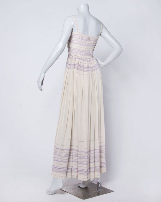 Women's Bill Blass Vintage 1970s 70s Creamy Silk Pleated Purple Striped Maxi Dress Gown