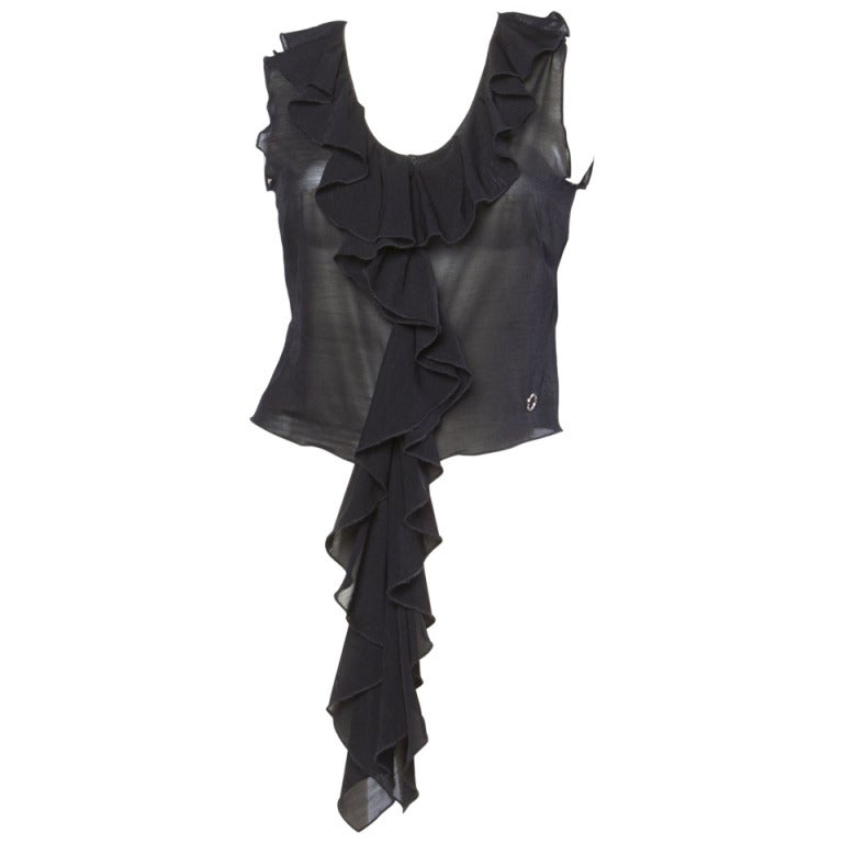 Claude Montana 1990s 90s Vintage Sheer Black Mesh Tank Top with Avant Garde Ruffle