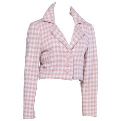 Carolina Herrera Vintage 1990er 90er Jahre Rosa Houndstooth Wolle Cropped Blazer Jacke