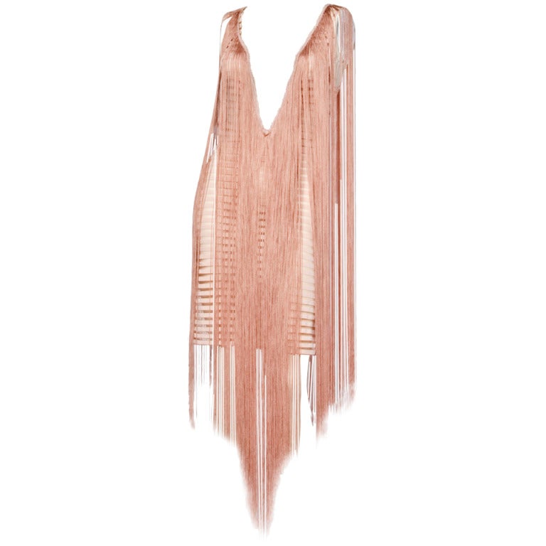 Jean Paul Gaultier Maille Sheer Nude Striped Body Con Fringe Dress