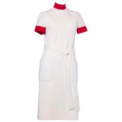 Norman Norell Vintage 1960s 60s Tailored Color Block Ivory Red Wool + Silk Dress