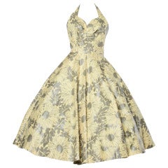Vintage 1950s Screen Print Floral Print Patio Dress with a Full Sweep