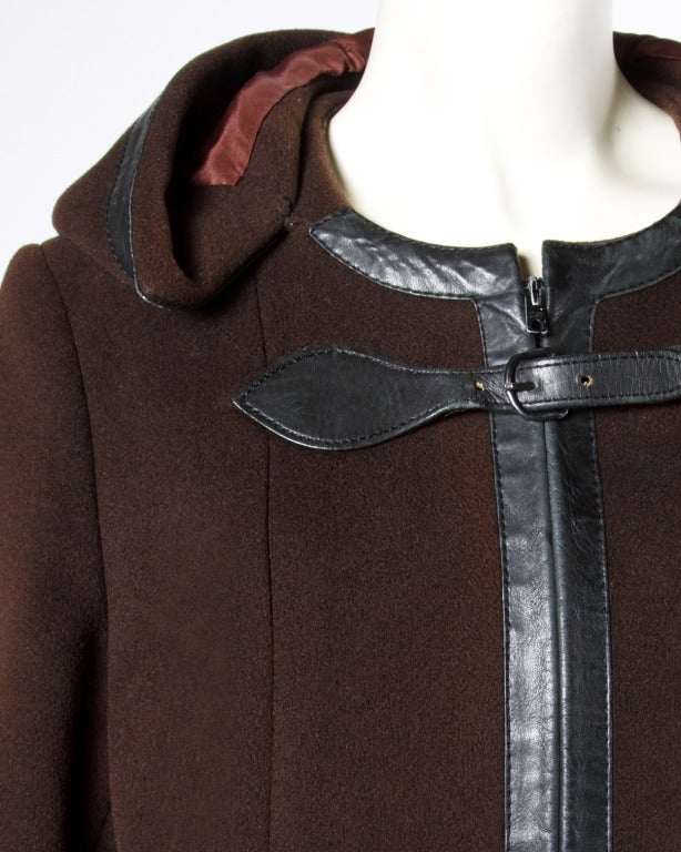 Luxurious Hermes Vintage 1970s 70s Brown Wool Silk + Leather Hooded Coat 5