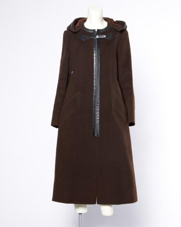 Luxurious Hermes Vintage 1970s 70s Brown Wool Silk + Leather Hooded Coat In Excellent Condition In Sparks, NV