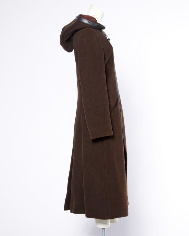 Women's Luxurious Hermes Vintage 1970s 70s Brown Wool Silk + Leather Hooded Coat