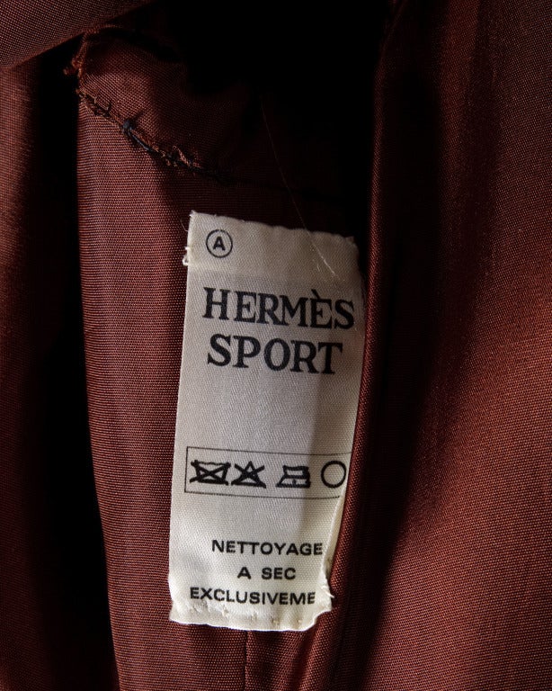 Luxurious Hermes Vintage 1970s 70s Brown Wool Silk + Leather Hooded Coat 2