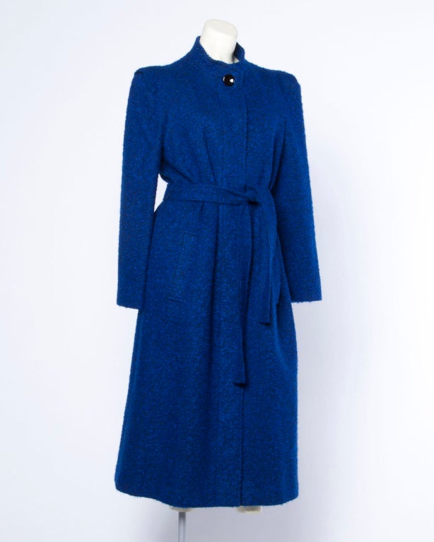 Pierre Cardin Vintage 1980s 80s Blue Boucle Wool Trench Coat In Excellent Condition In Sparks, NV