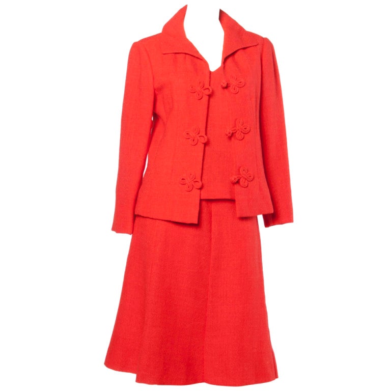 Christian Dior Vintage 1960s 60s Red-Orange Skirt + Jacket + Top 3-Piece Suit Set