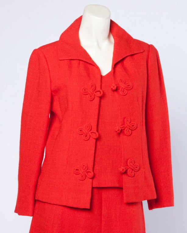 Christian Dior Vintage 1960s 60s Red-Orange Skirt + Jacket + Top 3-Piece Suit Set For Sale 3