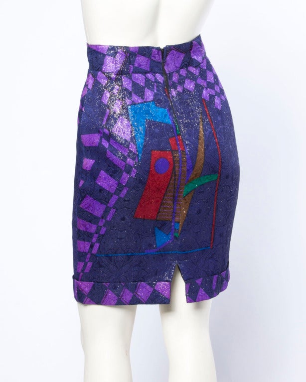 Purple Gianni Versace Vintage Autumn/ Winter 1990 'Picasso' Metallic Scarf Print Skirt