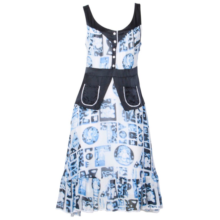Moschino Cheap & Chic Blue Abstract Print Silk Dress with Ric Rac Trim