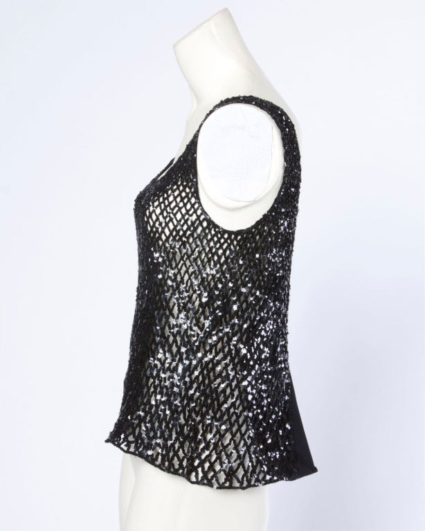 Women's Jean Paul Gaultier Vintage 1990s 90s Black Sequin Fishnet Sheer Mesh Tank Top