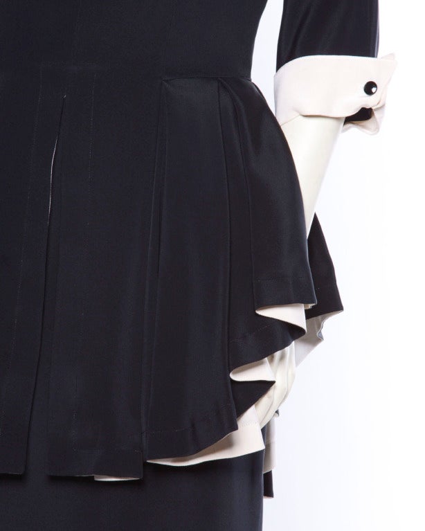 Vintage Bernard Perris Paris Stunning Black + White 100% Silk Peplum Dress 5