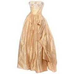 Vintage 1950s 50s Strapless Gold Silk Beaded Formal Gown Dress by Kay Selig