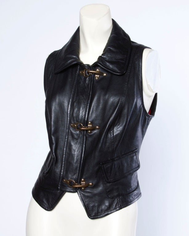 Moschino Leather Vintage 1990s 90s Black + Red Sleeveless Jacket/ Vest In Excellent Condition In Sparks, NV