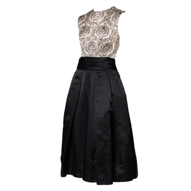Vintage 1950's Metallic Brocade + Black Silk Satin Dress at 1stdibs