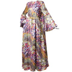 Vintage 1970's Metallic Print Silk Caftan Maxi Dress