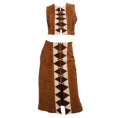 Handmade Vintage 1960's Patchwork Leather 2-Piece Top Skirt Set