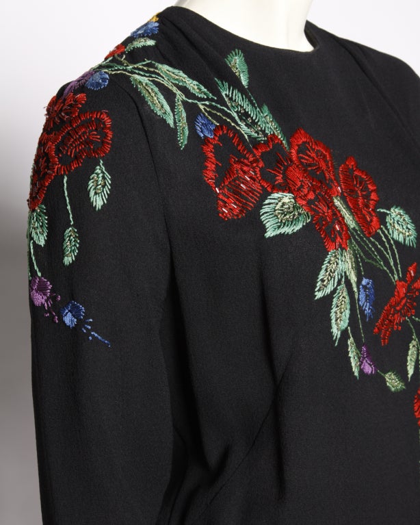 Vintage 1940's Hand Embroidered + Beaded Flowers Black Dress at 1stDibs