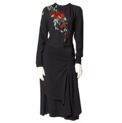 Vintage 1940's Hand Embroidered + Beaded Flowers Black Dress