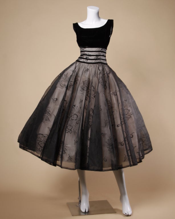 Vintage 1950's Black Organza Burn Out Velvet Party Dress at 1stDibs ...