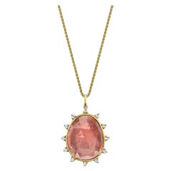 Elegant Pink Tourmaline Slice Diamond Gold Pendant