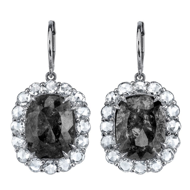 Platinum Rose Cut Grey Diamond Earrings For Sale