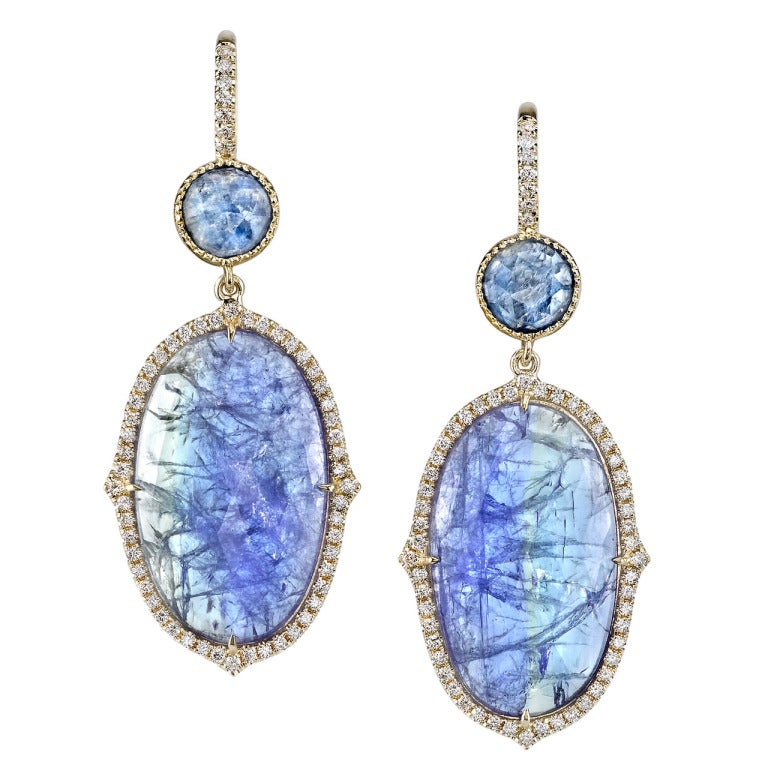 Azure Blue Sapphire Slice Earrings For Sale