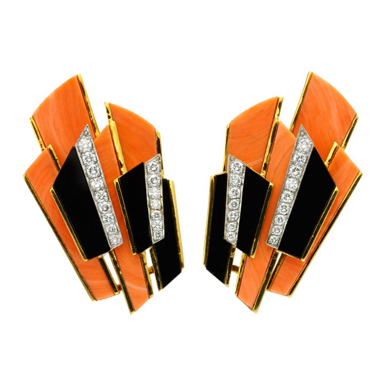 Kutchinsky Coral Black Onyx Diamond Earrings at 1stDibs