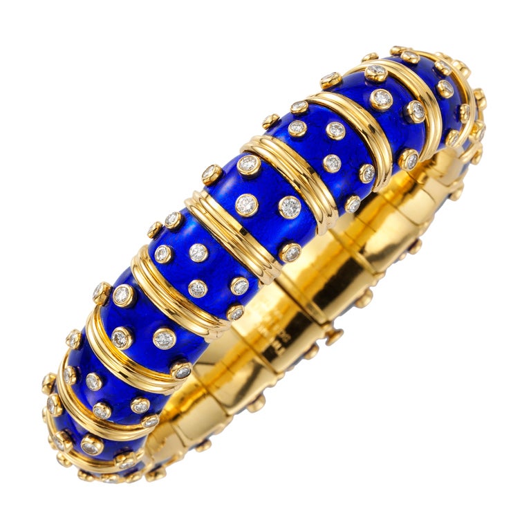 SCHLUMBERGER Blue Enamel Diamond Gold Bracelet