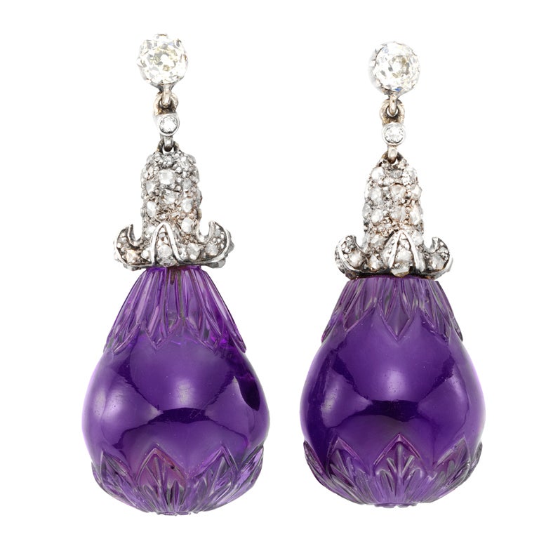 A Pair Of Antique Carved Amethyst And Diamond Earrings For Sale