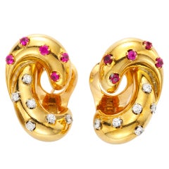 VAN CLEEF & ARPELS Retro Ruby and Diamond Gold Earrings