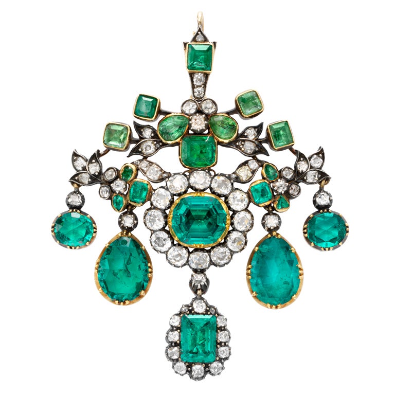 English Georgian Emerald and Diamond Sevigné Brooch