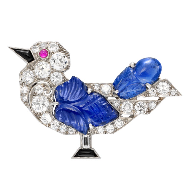 J E CADWELL Art Deco Carved Sapphire And Diamond Bird Brooch