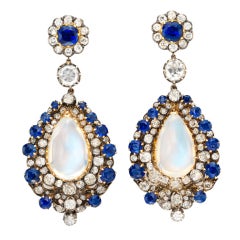Pair of Antique Moonstone, Sapphire and Diamond Earrings