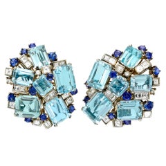 Aquamarine, Sapphire and Diamond Cluster Earrings