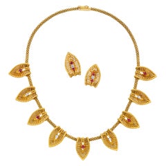 Gold, Ruby and Diamond Necklace and Earrings
