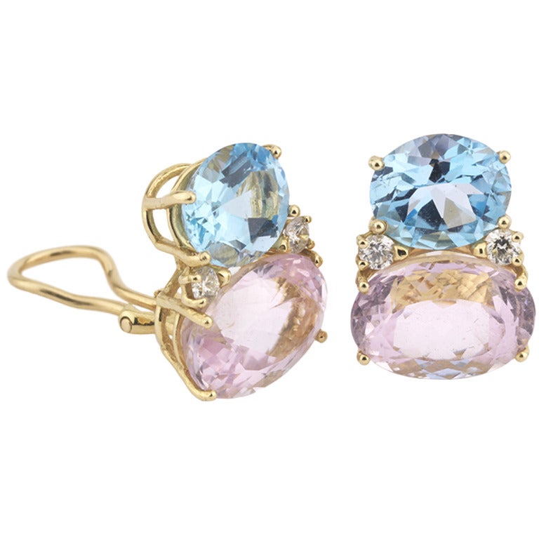Large GUM DROP Earrings with Kunzite and Pale Blue Topaz and Diamonds