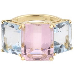 18kt Yellow Gold Emerald Cut Ring with Pink Topaz and Blue Topaz