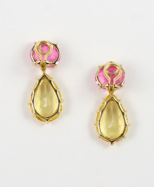 18kt Multi Prong Drop Earring with Pink Topaz and Citrine 22cts.

The Earring are 1 3/4 