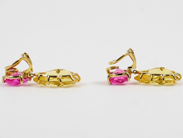 Contemporary Multi Prong Drop Gold  Earring with Pink Topaz and Citrine For Sale