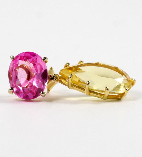 Multi Prong Drop Gold  Earring with Pink Topaz and Citrine In New Condition For Sale In New York, NY