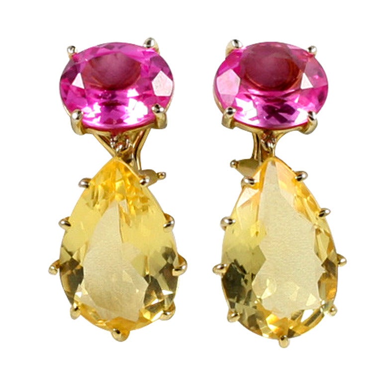 Multi Prong Drop Gold  Earring with Pink Topaz and Citrine For Sale