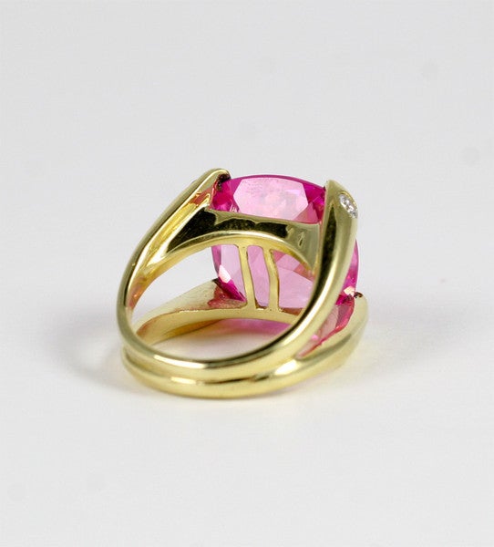 Contemporary Faceted Cushion Cut Pink Topaz Dome Ring with Diamonds For Sale