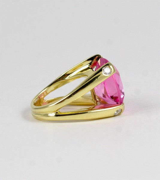 Contemporary Faceted Cushion Cut Pink Topaz Dome Ring with Diamonds For Sale