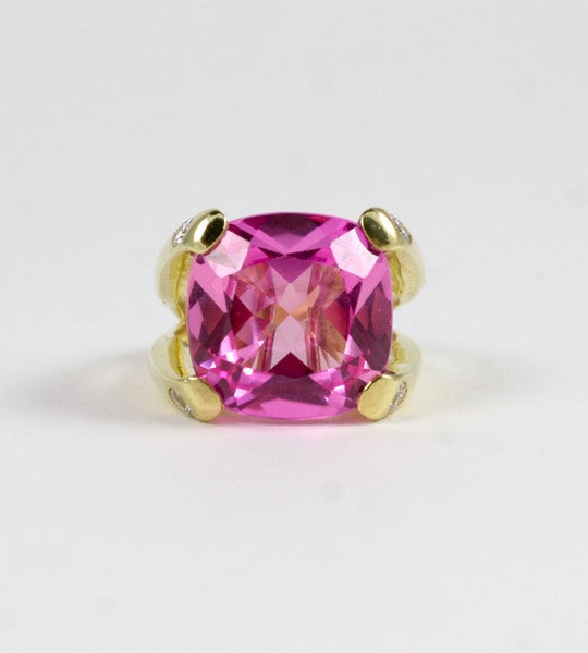 Women's Faceted Cushion Cut Pink Topaz Dome Ring with Diamonds For Sale